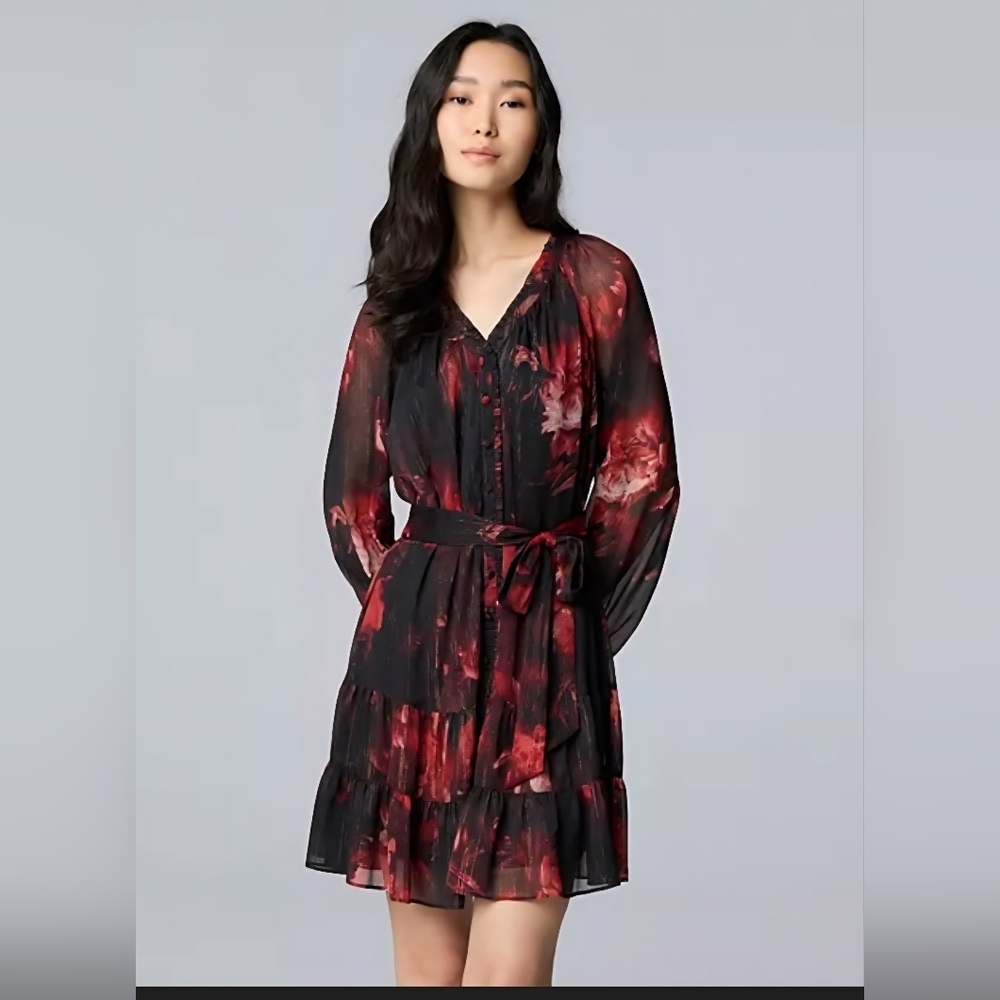 Simply Vera Vera Wang Black Floral Long-Sleeve Tiered Dress Size XXL New